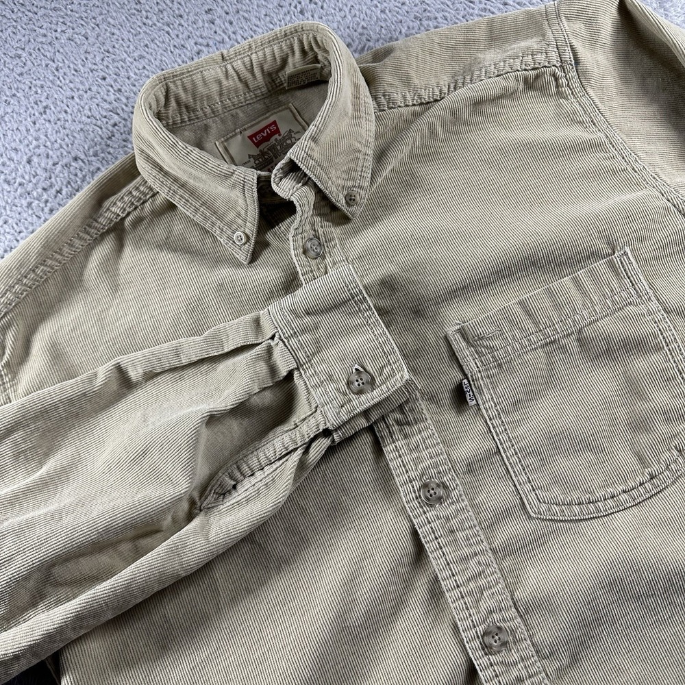 VINTAGE Levi Corduroy Shirt Mens Small Tan Khaki Button Up 100% Cotton Camp
